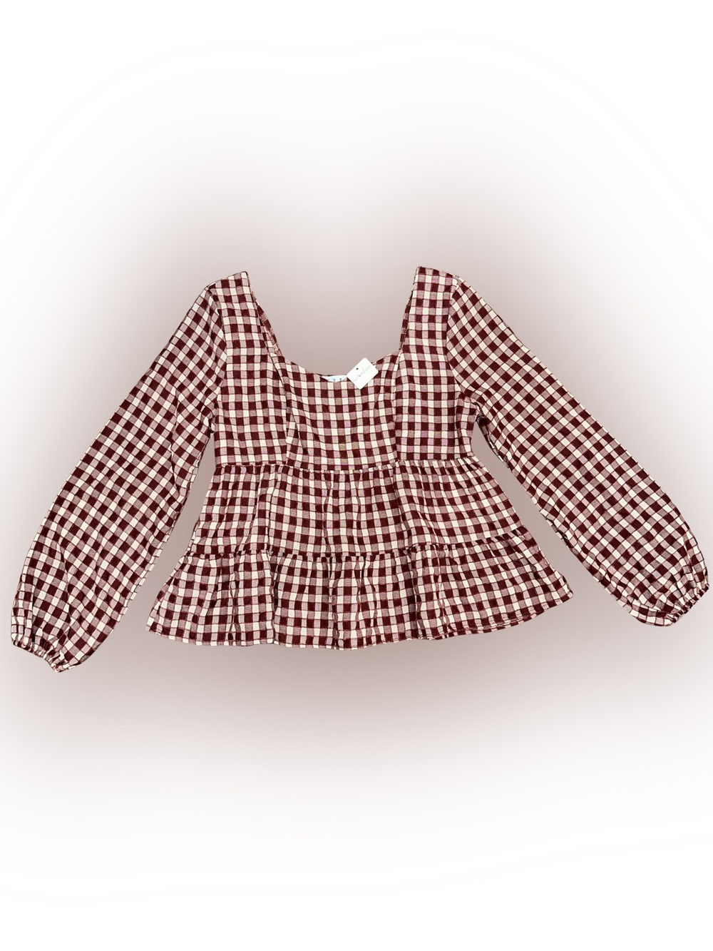Hyfve Burgundy Cream Checkered Gingham Square Neck Long Sleeve Boho Top Womens M
